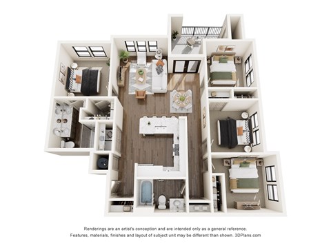 Floor plan for 4 beds, 2 baths, 1362 sqft
